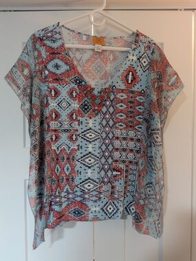 Ruby Rd. Women’s Tie Dye Patterned Tank With Flowly Overlay Size XL Aztec Beads